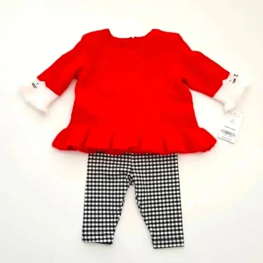 Carter’s Baby Girl 2-Piece Cat Face Red Sweater & Gingham Leggings Set 3M NWT